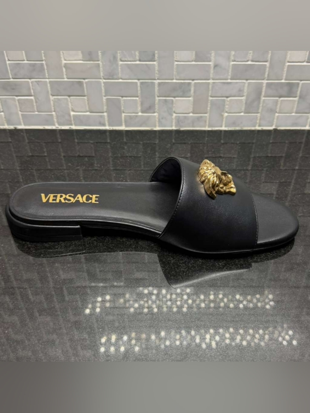 Versace Medusa Slide Sandals Black Leather Gold Logo Womens EU 38 US 8 New - Picture 7 of 13